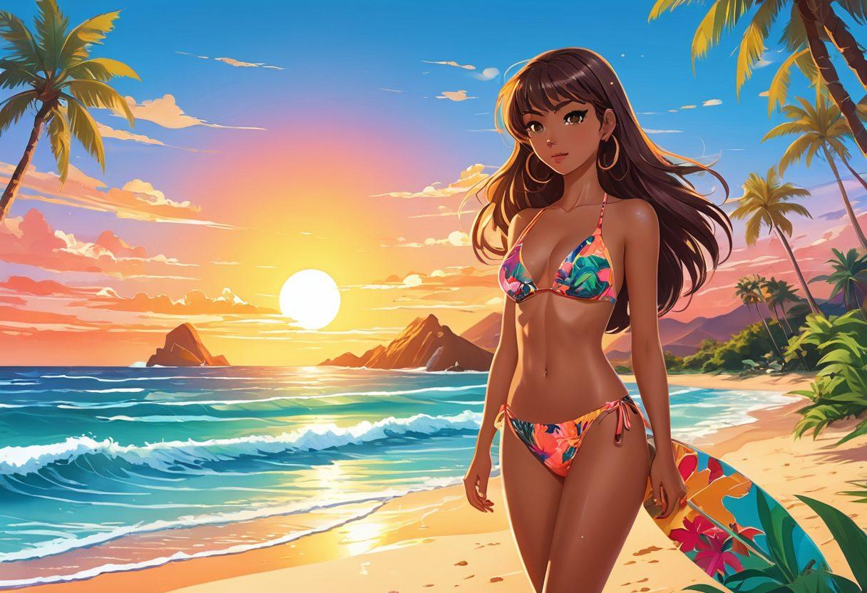 A colorful beach scene featuring various anime-inspired bikini designs on models of diverse backgrounds, showcasing intricate patterns and playful graphics typical of anime. Include a vibrant sunset and tropical elements like palm trees and surfboards in the background. Capture the essence of fun and freedom that anime and summer bring to life. vector art. vibrant colors. playful atmosphere.